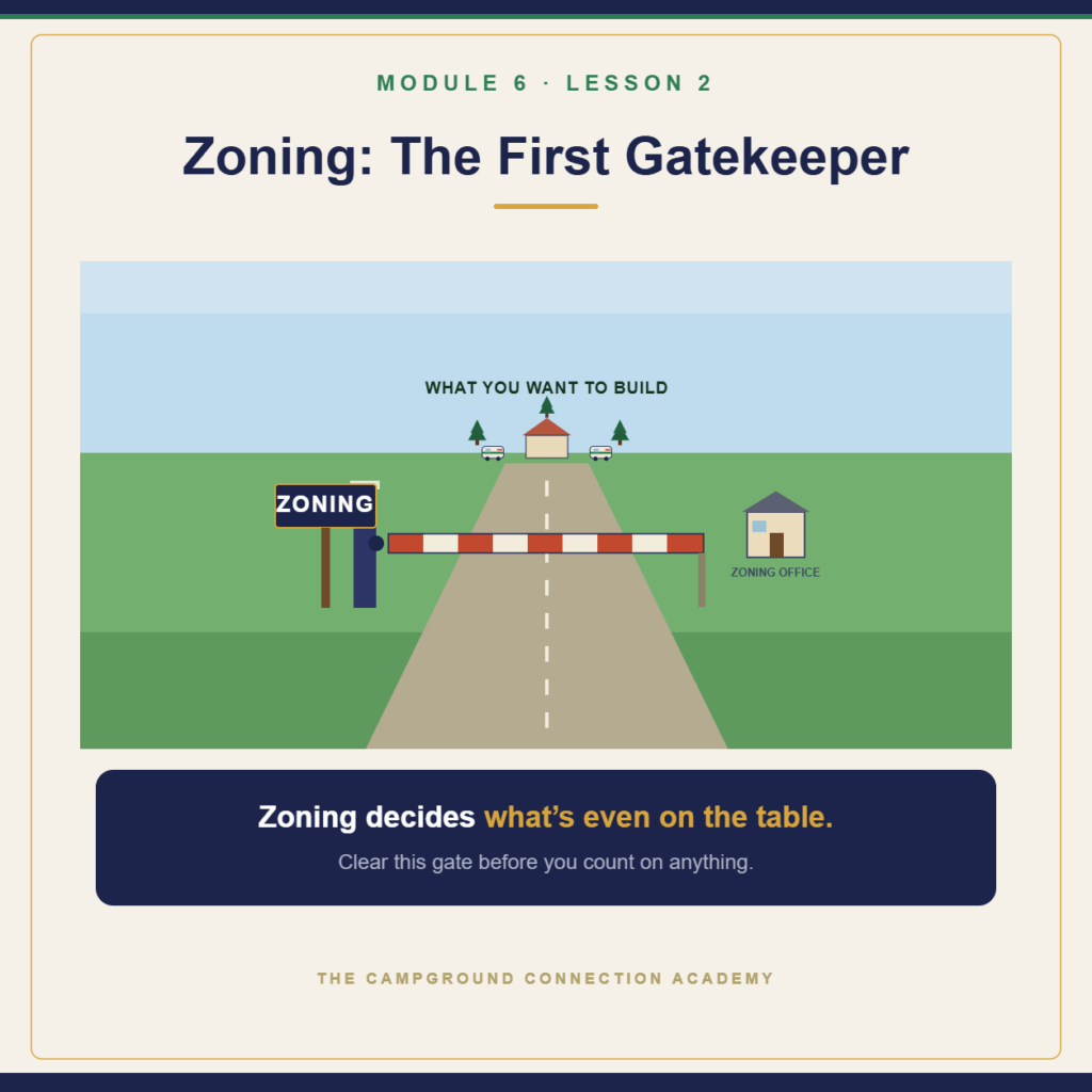 A zoning barrier gate across the road to a campground, the first gatekeeper for expansion