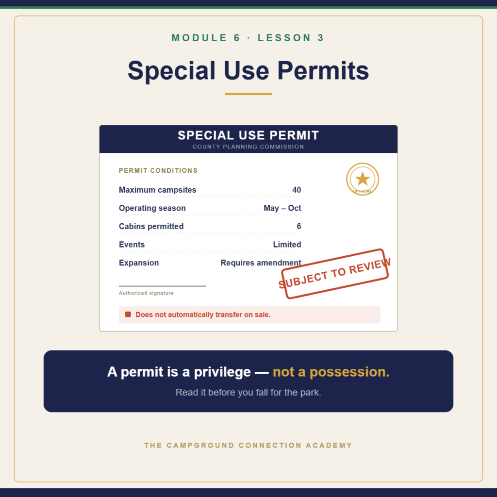 A special use permit document with conditions, a subject-to-review stamp, and a non-transfer warning