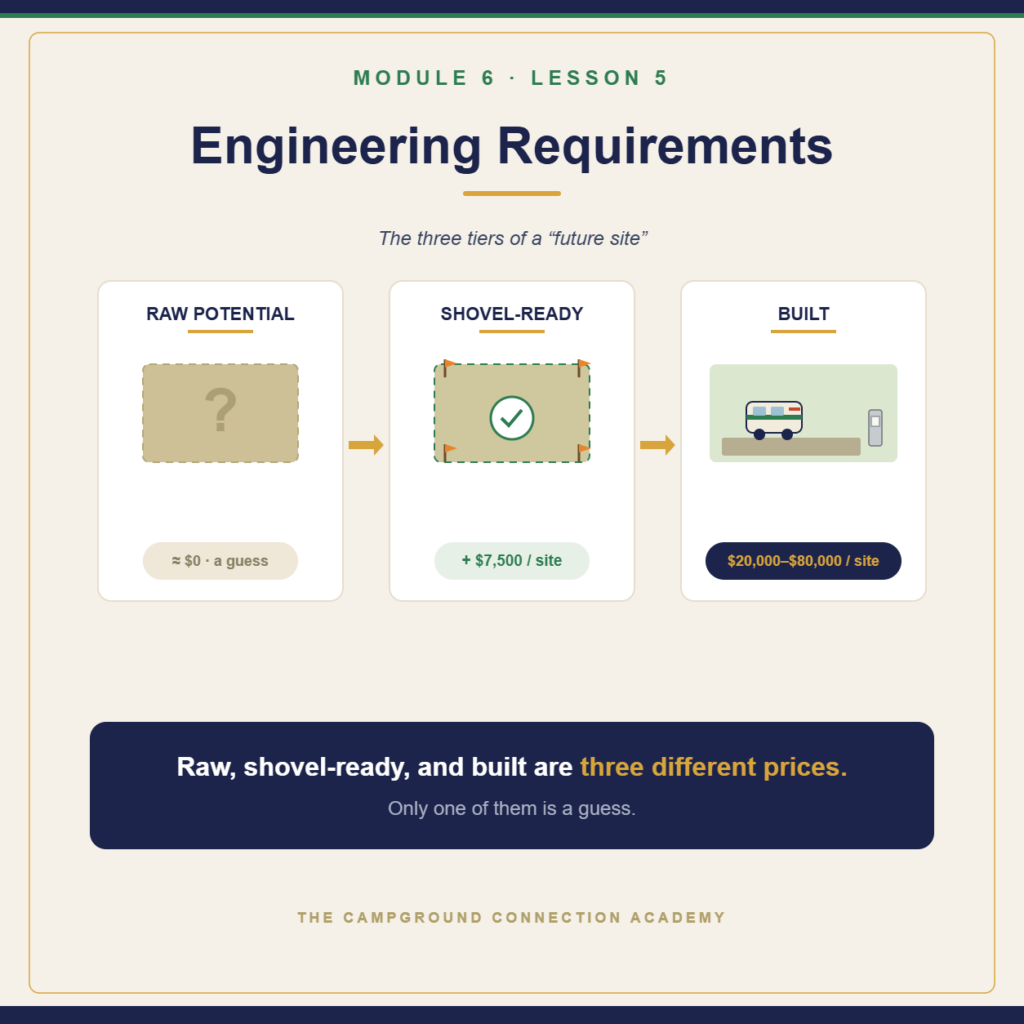 Three tiers of a future campsite: raw potential, shovel-ready (+$7,500), and built ($20,000-$80,000)