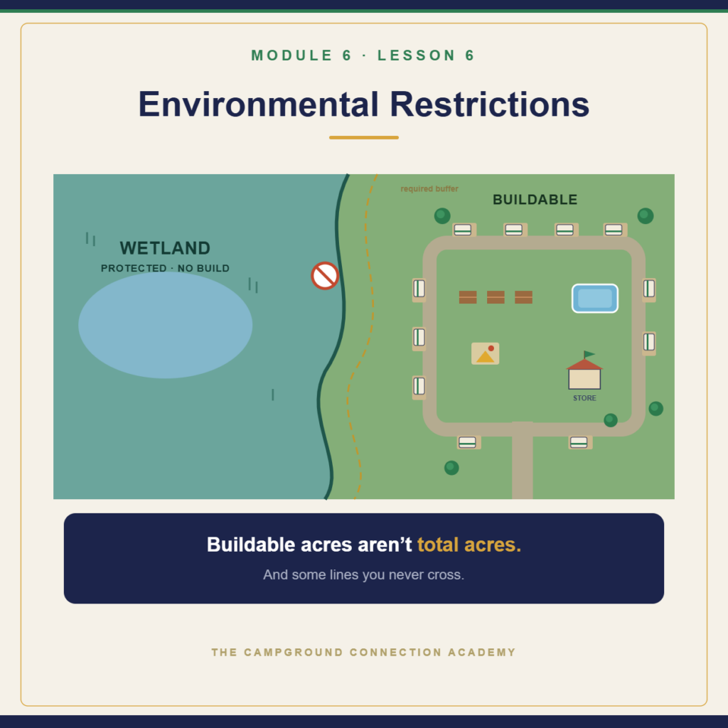 Aerial: a protected wetland with no-build buffer beside a developed campground with cabins, RV sites, pool and store