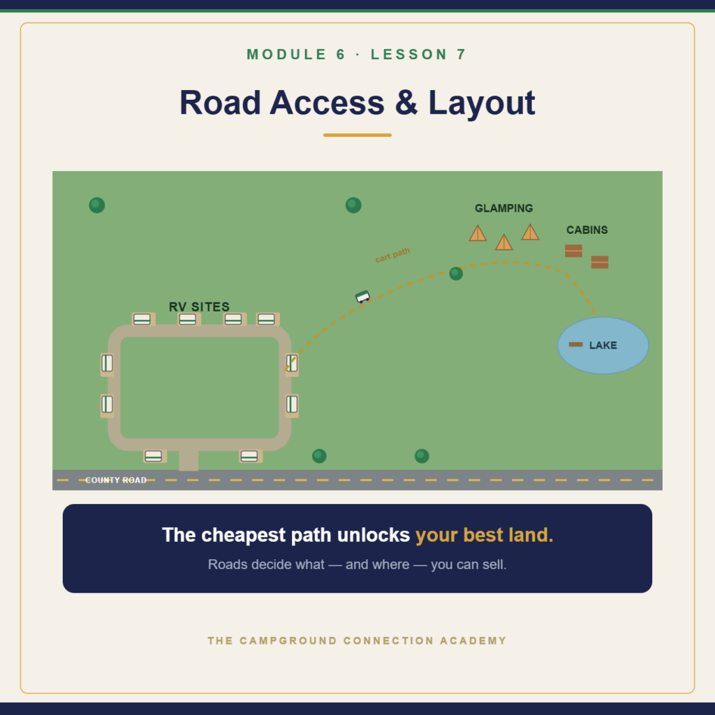 Campground layout with RV roads off a county road and a golf-cart path reaching back to glamping, cabins, and a lake
