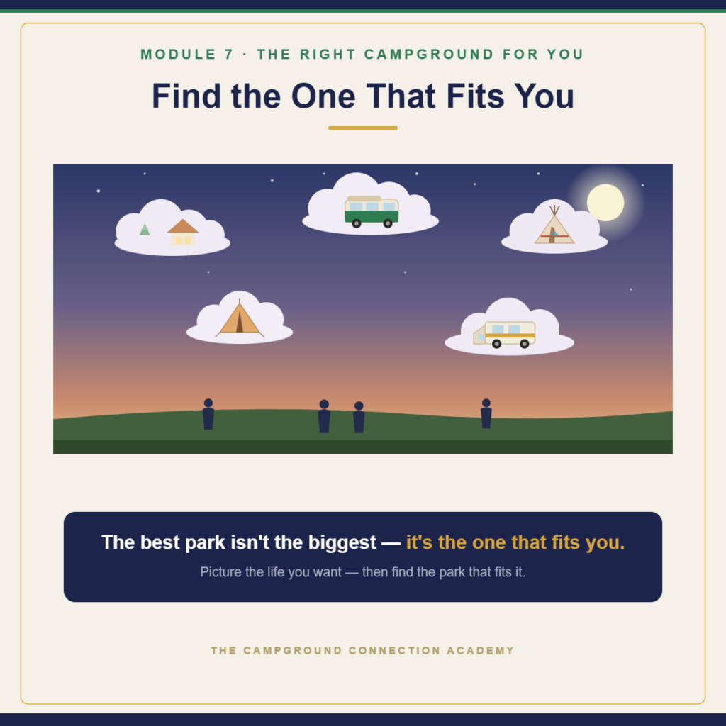 A twilight sky of clouds, each holding a way to camp (cabin, camper van, tee pee, tent, RV) above a few people dreaming
