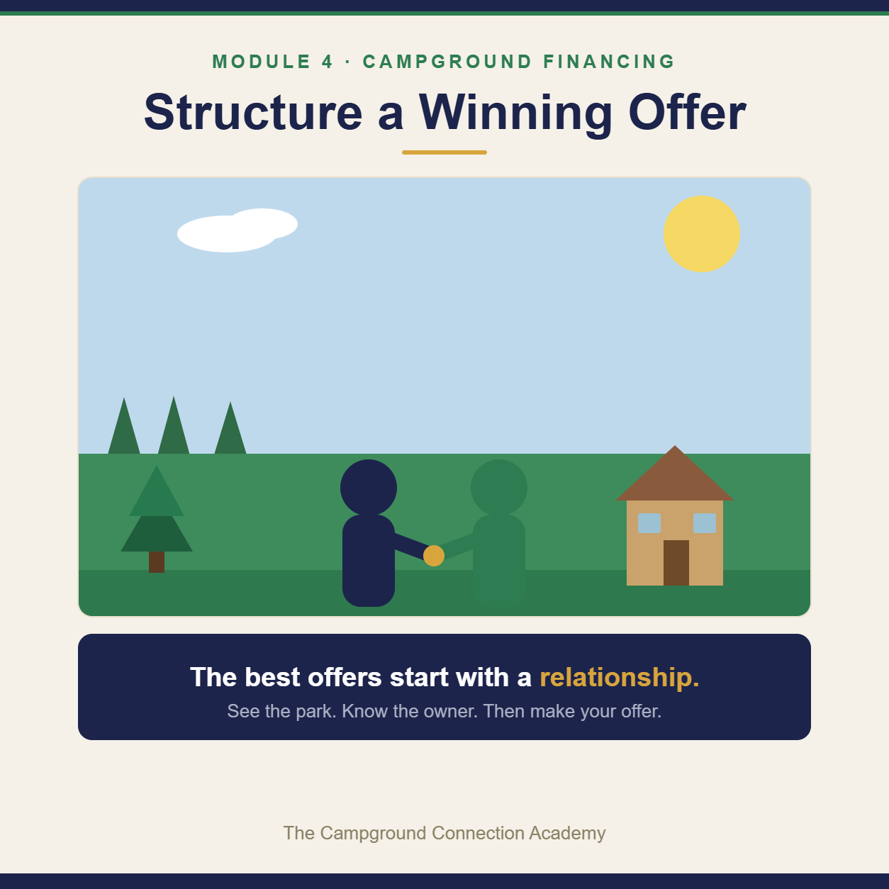 Two people shaking hands at a campground cabin — structure a winning offer